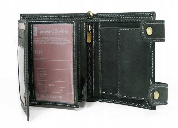 Kožená peněženka na výšku s řetízkem a přezkami, černá