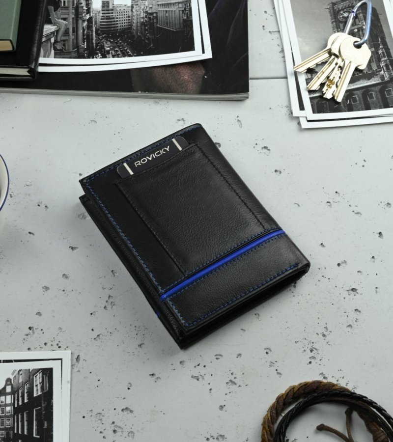 Trendová pánská kožená peněženka Sluk, černá/modrá