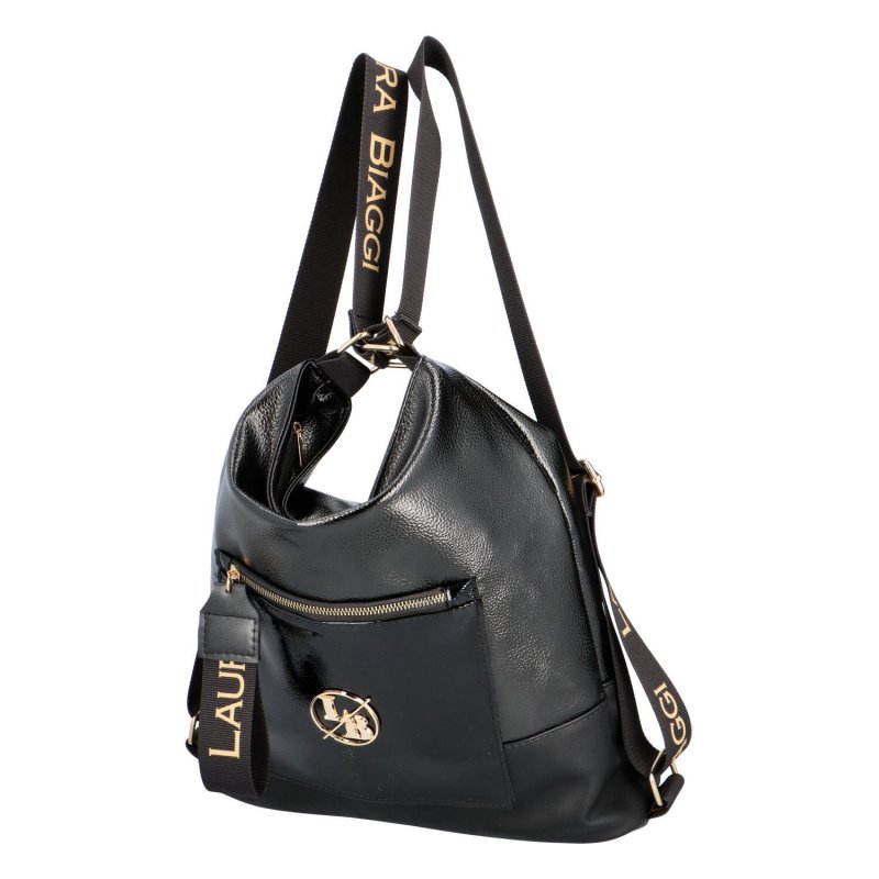 Módní a praktický koženkový kabelko-batoh Simi, černá lak NEW