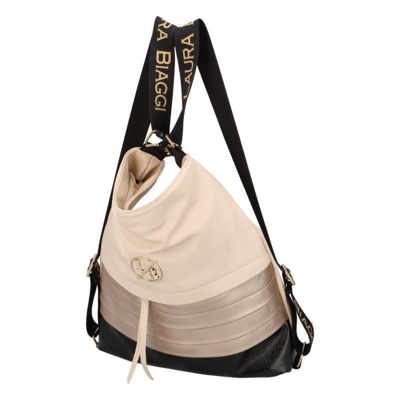 Módní dámská kombinovaná koženková kabelko/batoh L. Biaggi, béžová/černá/zlatá