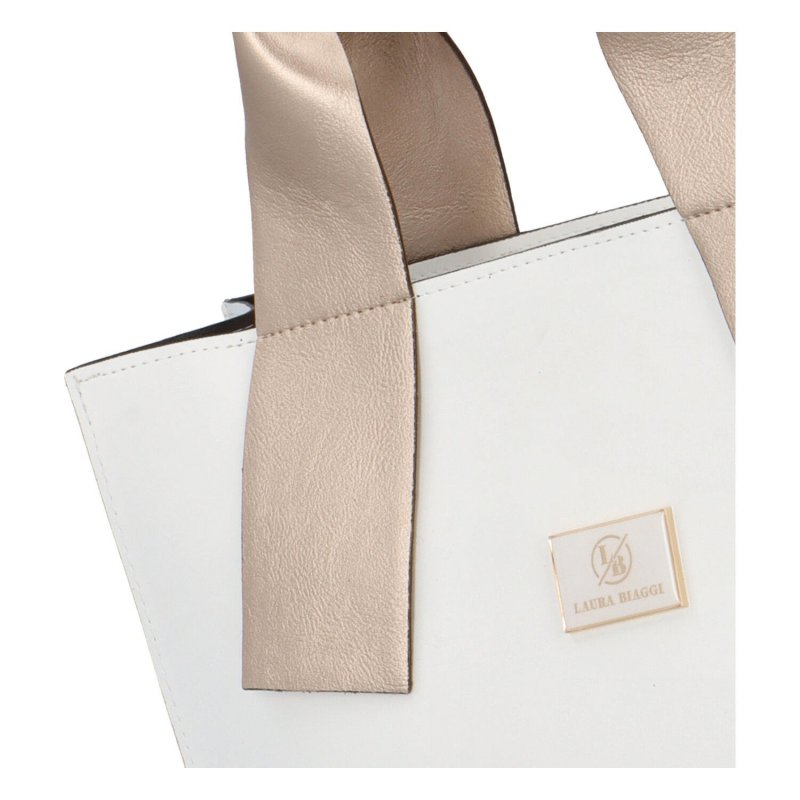 Prostorná dámská koženková shopper  taška do ruky Laura Simi,  bílá/zlatá