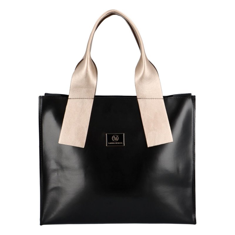Prostorná dámská koženková shopper  taška do ruky Laura Simi, černá/zlatá