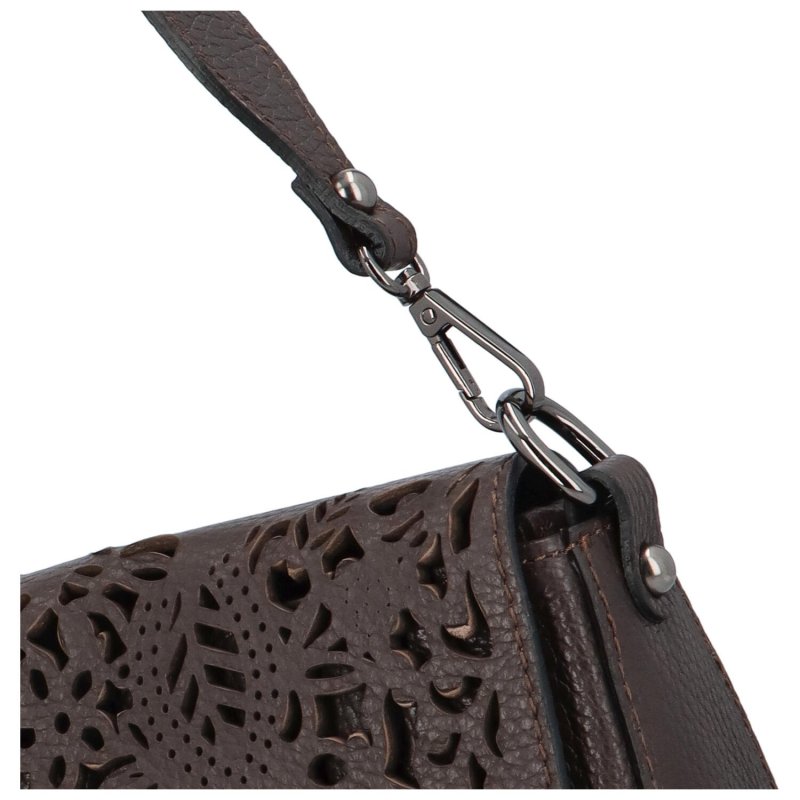 Dámská kožená kabelka s výraznou perforovanou klopou Tania, tmavě hnědá