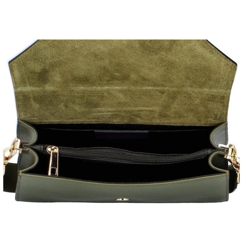 Dámská pevná kožená kabelka s výraznou klopou Brigit, vojenská zelená