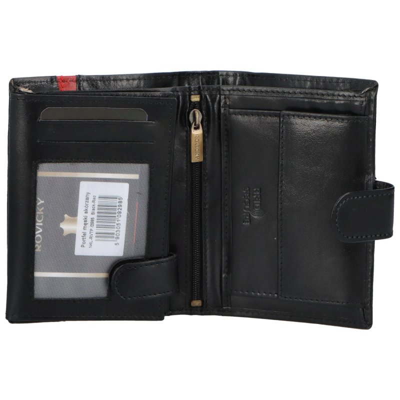 Pánská kožená peněženka šitá na výšku se zápinkou s červeným pruhem Bonita, černá