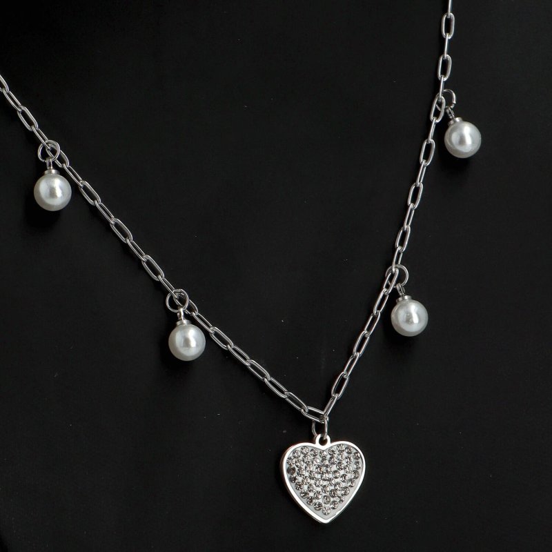 Dámský ocelový řetízek s přívěskem srdce a umělých perel