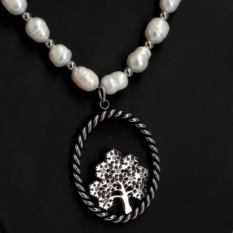 Dámský ocelový řetízek s přívěskem Strom života doplněný umělými perlami