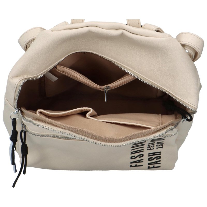 Trendový dámský koženkový batoh s potiskem Lia, béžový